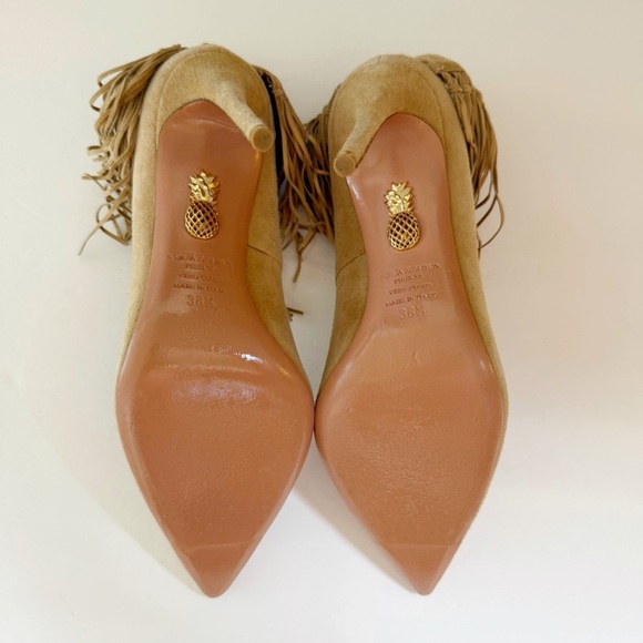 AQUAZZURA TAN CAMEL SUEDE HANGING FRINGE TIE KNOT POINTED TOE HIGH HEEL PUMPS - Picture 9 of 13